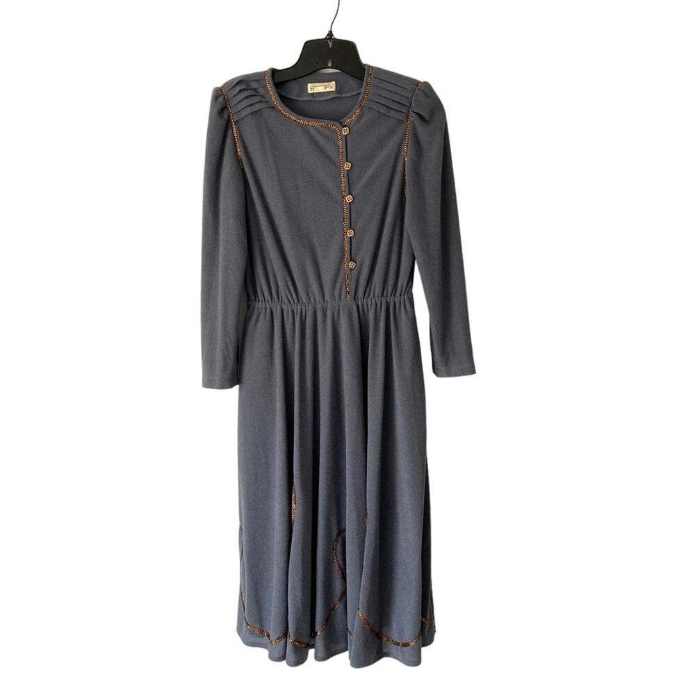 Vintage HF 60s Grey Gold Embroidery Textured Scroll Fuzzy Dress size medium